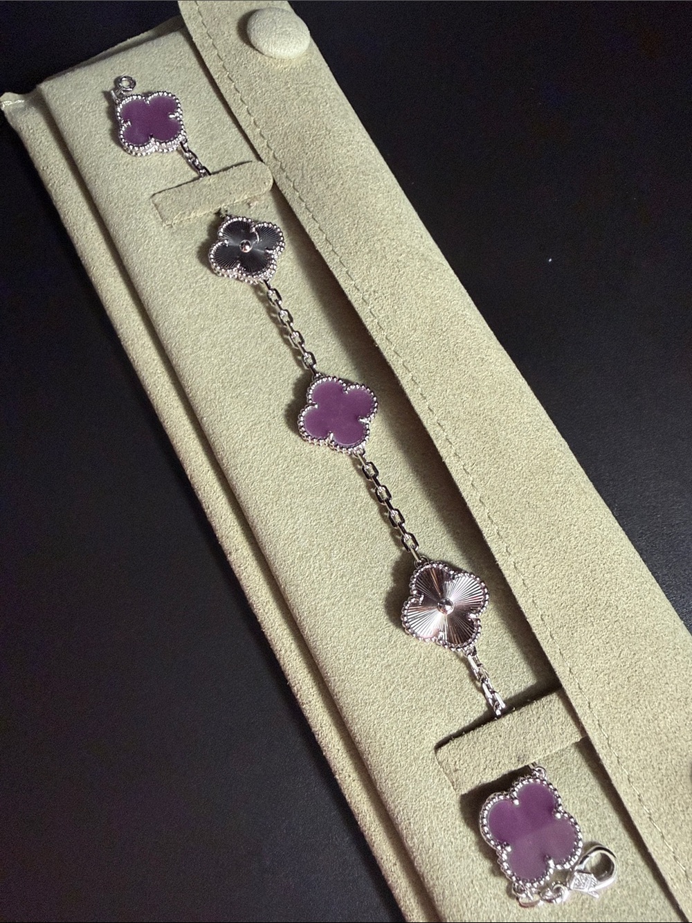 Silver-Tone Clover Link Bracelet with Purple Accents